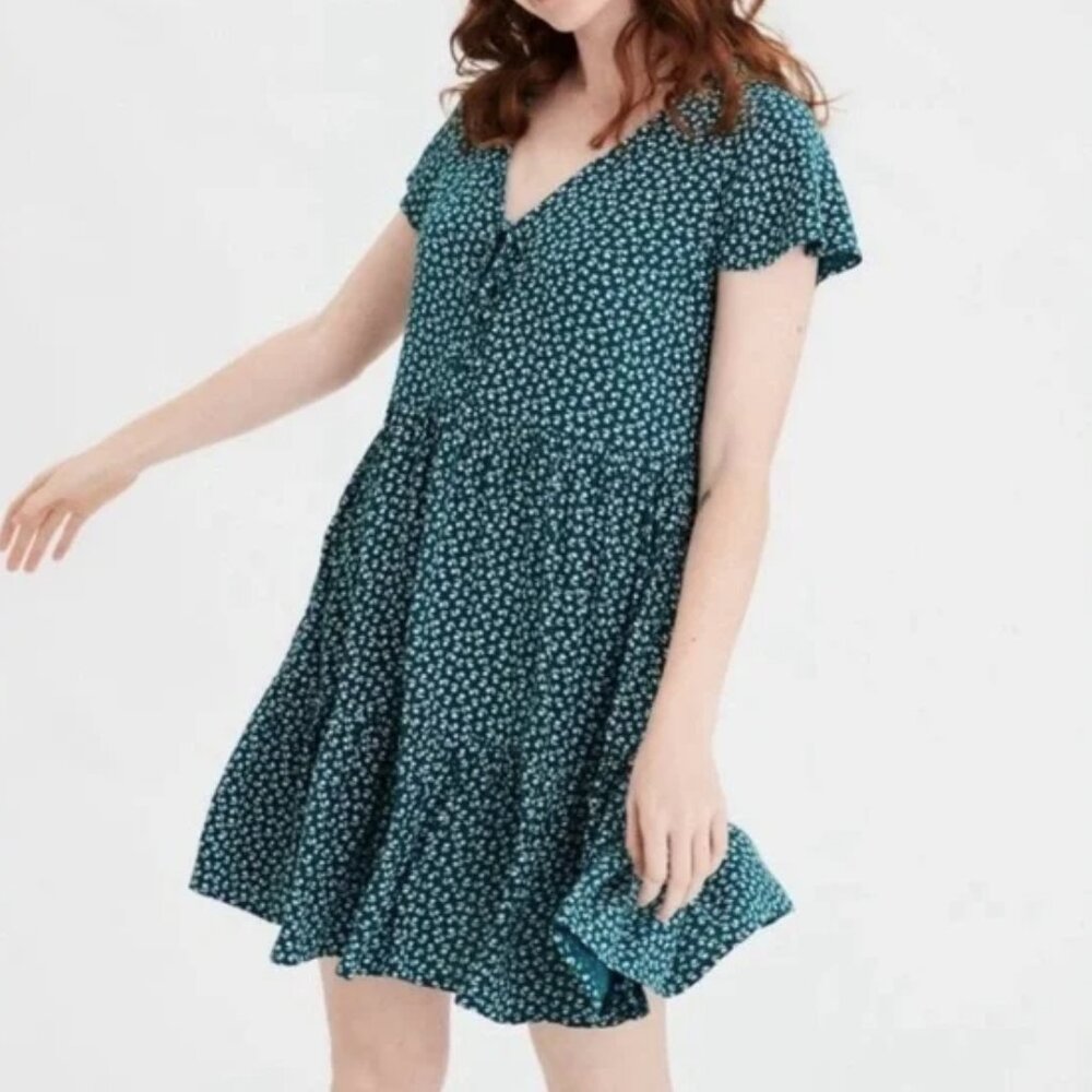 American Eagle Green Babydoll Floral Dress American Eagle Outfitters